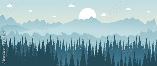 Vector illustration. The concept of landscape design. Beautiful background. The image shows a gradient green mountain landscape with forest, mountains, sunset or sunrise and clouds.