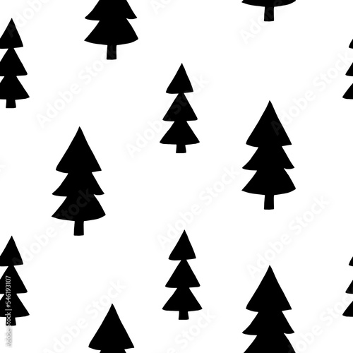 christmas tree seamless pattern hand drawn in doodle style. silhouette, simple, minimalism, monochrome