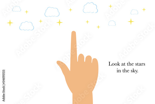 Vector illustration. The concept of a pose. Male or female hand pointing up. In the picture, the hand points to the clouds and stars. Cartoon style. Suitable for a sticker or emoji for messengers.