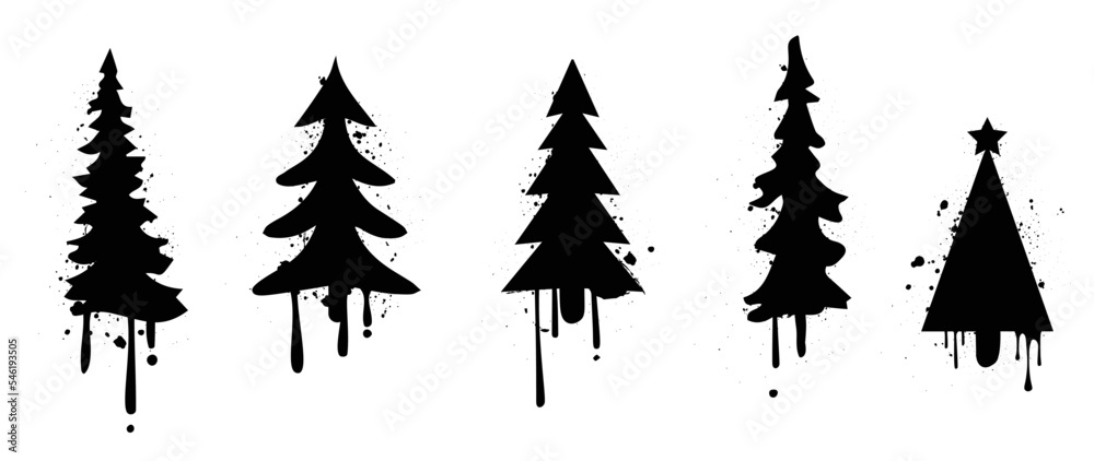 Set of christmas elements spray paint vector. Graffiti, grunge, silhouette elements of christmas trees, pine trees isolated on white background. Design illustration for decoration, card, sticker.