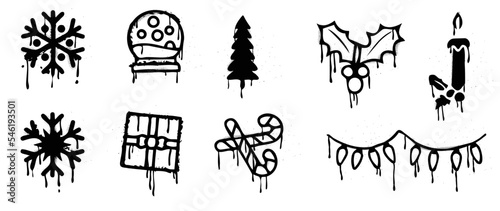 Set of christmas elements spray paint vector. Graffiti, grunge elements of pine tree, snowflake, crystal snowball, holly, gift on white background. Design illustration for decoration, card, sticker.