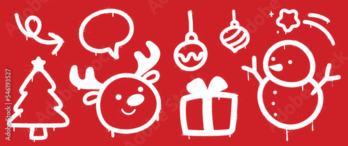 Set of christmas elements spray paint vector. Graffiti, grunge elements of christmas trees, reindeer, snowman, present white line on red background. Design illustration for decoration, card, sticker.