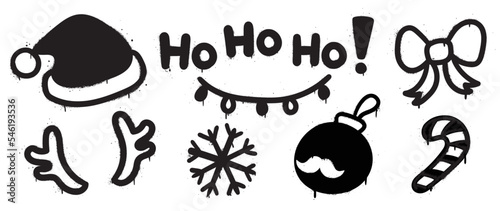 Set of christmas elements black spray paint vector. Graffiti, grunge elements of santa hat, antler, snowflake, bow, bauble on white background. Design illustration for decoration, card, sticker.