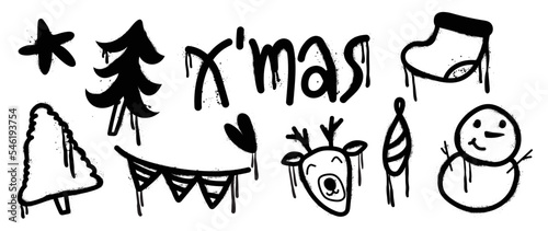 Set of christmas elements black spray paint vector. Graffiti  grunge elements of christmas tree  sock  reindeer  snowman  heart on white background. Design illustration for decoration  card  sticker.