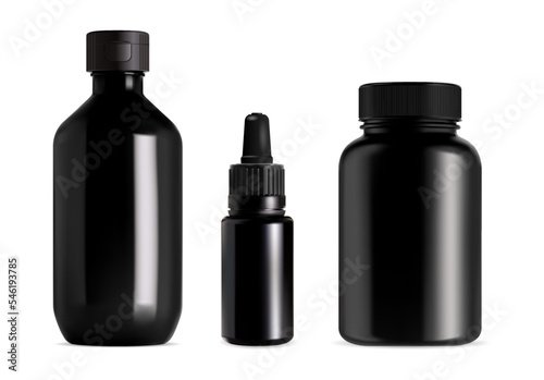 Black glass medical bottle set. Supplement container blank for apothecary product. Realistic serum or oil dropper vial with pipette cap. Remedy syrup jar mockup, template for label and logo