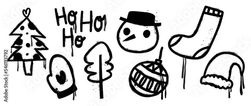 Set of christmas elements black spray paint vector. Graffiti, grunge elements of christmas tree, sock, snowman, santa hat, glove on white background. Design illustration for decoration, card, sticker.