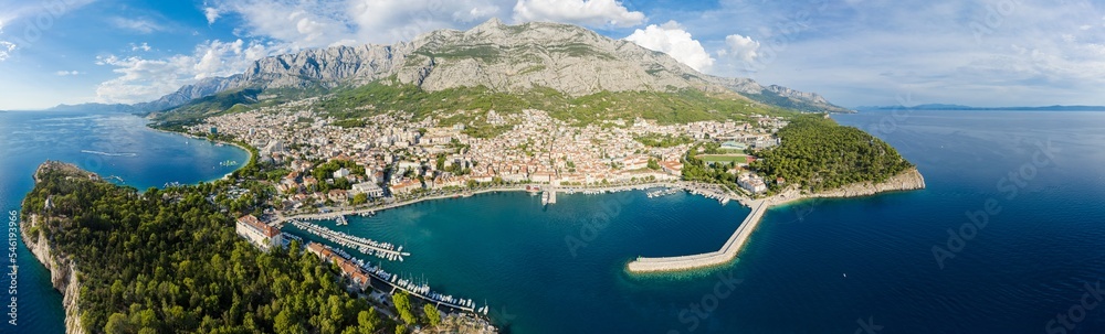 Makarska. Tourist city of Makarska waterfront aerial view, Dalmatia archipelago of Croatia
