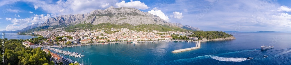 Makarska. Tourist city of Makarska waterfront aerial view, Dalmatia archipelago of Croatia