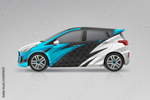 Realistic Car mockup with racing wrap decal or livery design. Abstract racing graphics on car. Editable vector template
