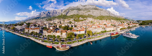 Makarska. Tourist city of Makarska waterfront aerial view, Dalmatia archipelago of Croatia © Sebastian