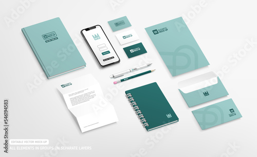 Minimalistic Medical Brand Identity Mock-Up set of stationery with Crown logo design. Medicine Business office stationary mockup template. Pharmacy corporate style. Company branding mockup set