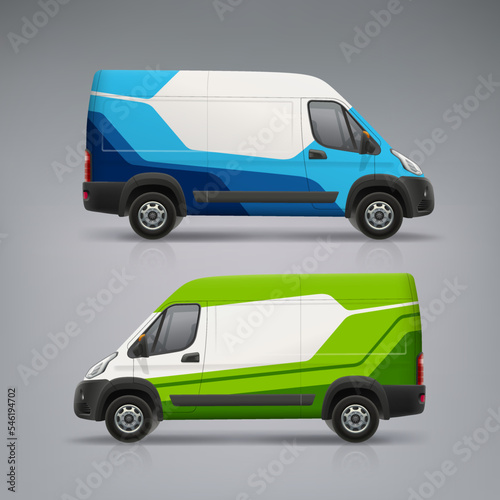 White European commercial Van with abstract graphics on corporate vehicle. Company delivery van. Branding vehicle. Editable 3d vector illustration