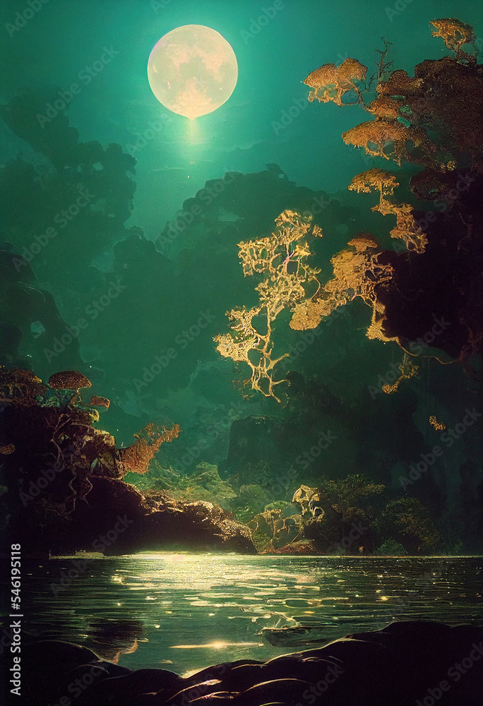 A small moon hidden in oasis at night, Another giant moon reflecting