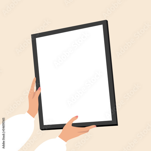 The girl is holding an empty poster in her hands. Concept for social networks, advertising, postcards