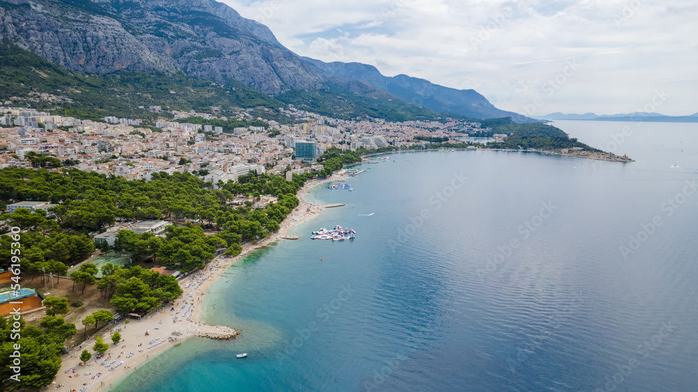 Turquoise sea and stone beach by pine trees view, Dalmatia, Croatia