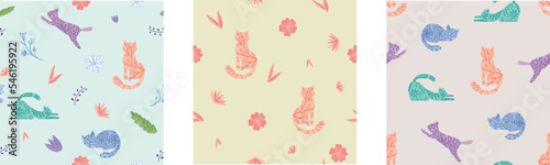 cute cat and flower flat seamless pattern design vector illustration 
pastel color perfect for feminine girly product and children or kids 
apparel, stationery gift paper, fashion textile printed fabr