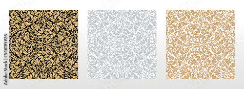 Wallpapers in the style of Baroque. Seamless vector backgrounds. Set of colored floral ornaments. Graphic patterns for fabric, wallpaper, packaging. Ornate Damask flower ornaments