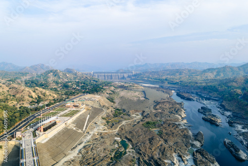 Panoramic view of Narmada river, surrounding hills and Sardar Sarovar Dam from the observation deck of Statue of Unity