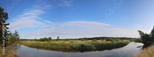 Panorama of calm river under blue sky