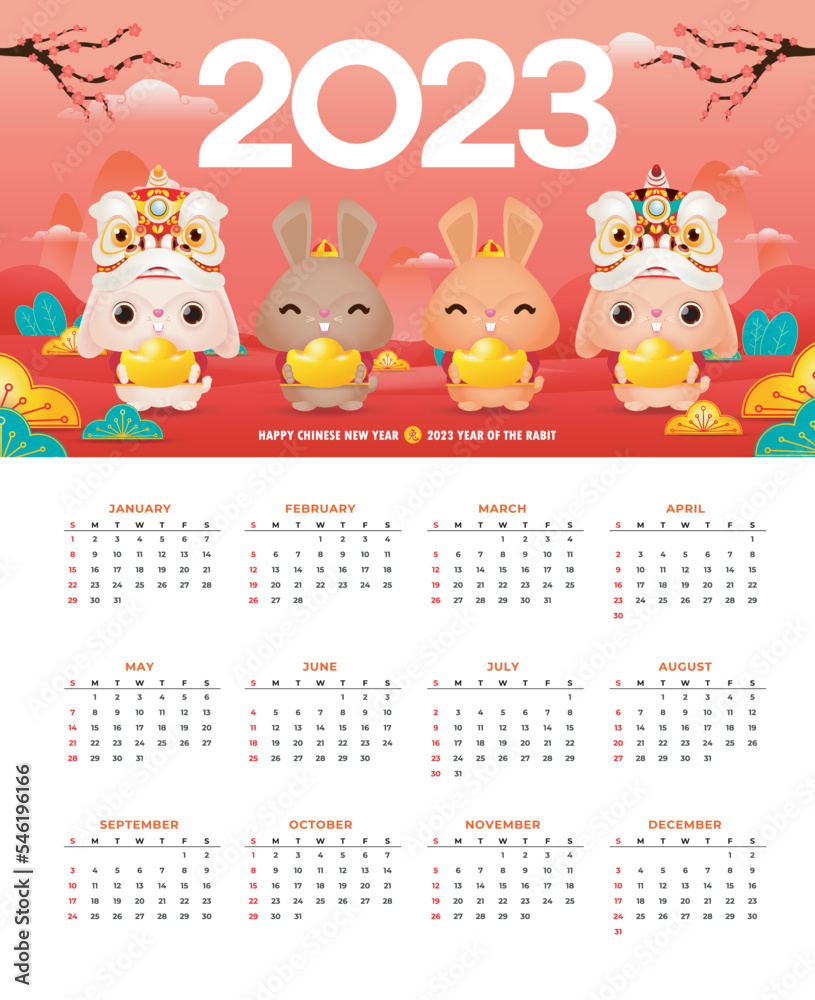 Happy Chinese new year 2023 calendar greeting card year of the rabbit zodiac, bunny glod ingot gong xi fa cai, Cartoon background vecor illustration, Translation text happy new year