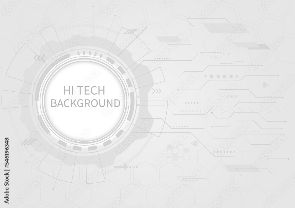 Abstract hi-tech technology circle with various elements, innovation, communication concept Circle the empty space for the text. on a gray background Abstract hi-tech technology circle with various elements, innovation, communication concept Circle the empty space for the text. on a gray background