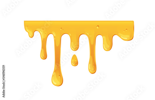 Melting dripping honey border. Amber gold liquid caramel flowing with sugar drops, sticky sweet trickles. Molten maple syrup leaking down. Flat graphic vector illustration isolated on white background