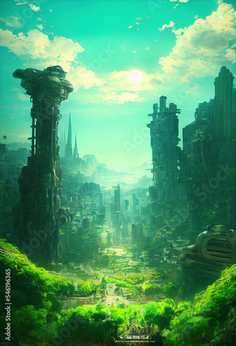 An enormous Green labyrinth, Beautiful Solarpunk architecture, greenery vertical gardens. Fantasy Future Art Background. For AD, WEB, UI, Game, Novel, Poster.