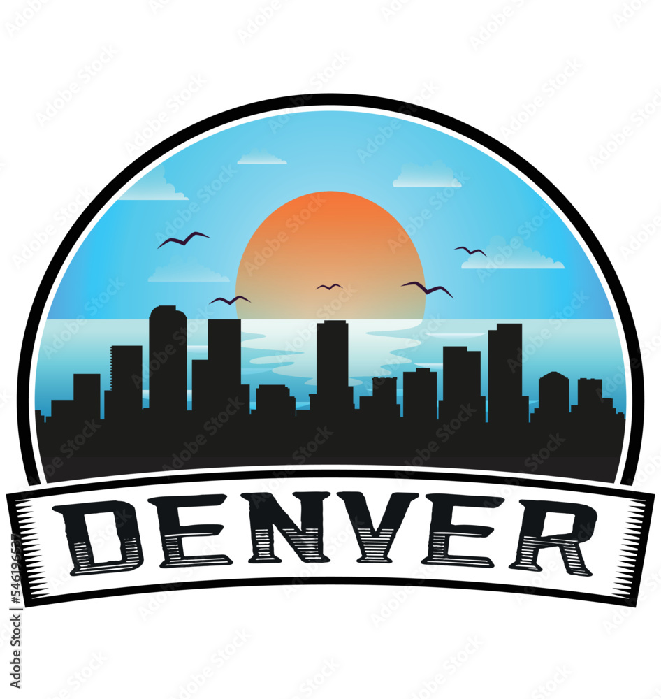 Denver Colorado USA Skyline Sunset Travel Souvenir Sticker Logo Badge Stamp Emblem Coat of Arms Vector Illustration EPS