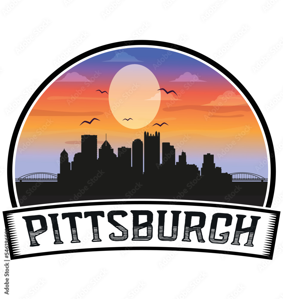 Pittsburgh Pennsylvania USA Skyline Sunset Travel Souvenir Sticker Logo Badge Stamp Emblem Coat of Arms Vector Illustration EPS