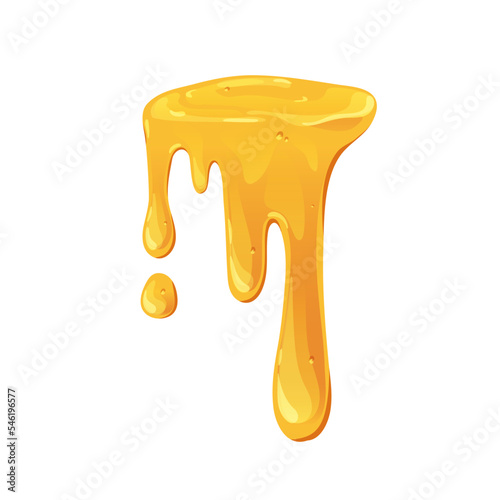 Amber bee honey melting, flowing down. Gold liquid caramel leaking, dripping with sticky streams and sweet drops. Thick sugar syrup. Flat graphic vector illustration isolated on white background