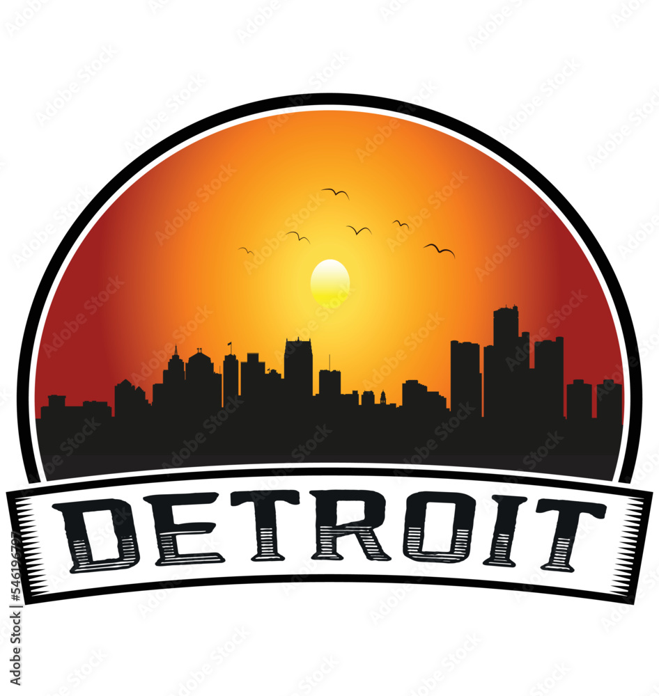 Detroit Michigan USA Skyline Sunset Travel Souvenir Sticker Logo Badge Stamp Emblem Coat of Arms