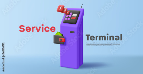 Services terminal with tiles pop up from the touchscreen and wallet with cash money