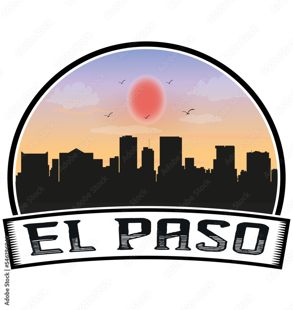 El Paso Texas USA Skyline Sunset Travel Souvenir Sticker Logo Badge Stamp Emblem Coat of Arms Vector Illustration EPS