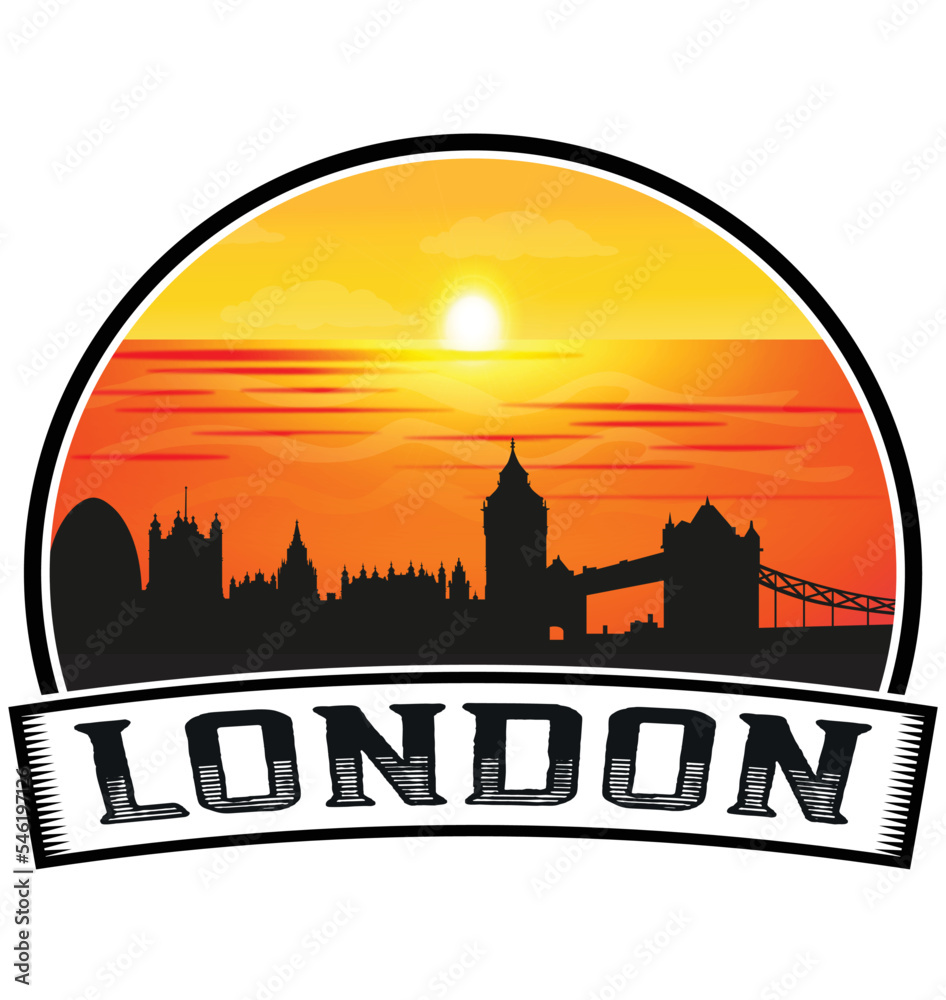 London England Skyline Sunset Travel Souvenir Sticker Logo Badge Stamp Emblem Coat of Arms Vector Illustration EPS