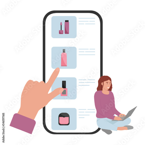 Online cosmetics store. A girl chooses beauty products using a mobile application. Flat style. Vector