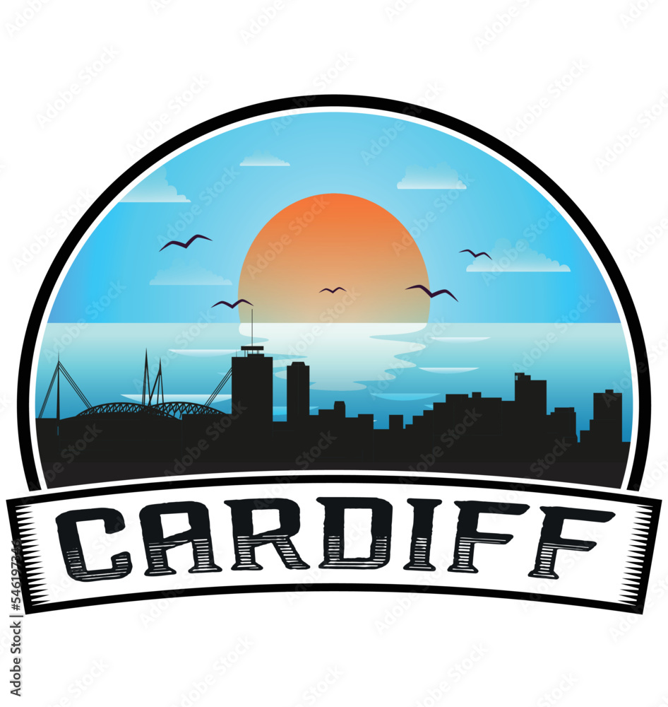 Cardiff Wales Skyline Sunset Travel Souvenir Sticker Logo Badge Stamp Emblem Coat of Arms Vector Illustration EPS