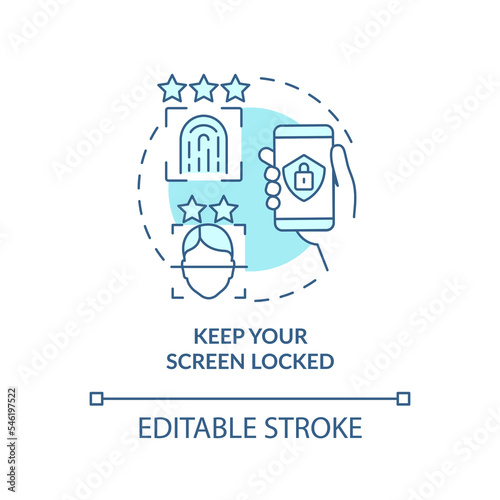 Keep your screen locked turquoise concept icon. Fingerprint authentication abstract idea thin line illustration. Isolated outline drawing. Editable stroke. Arial, Myriad Pro-Bold fonts used