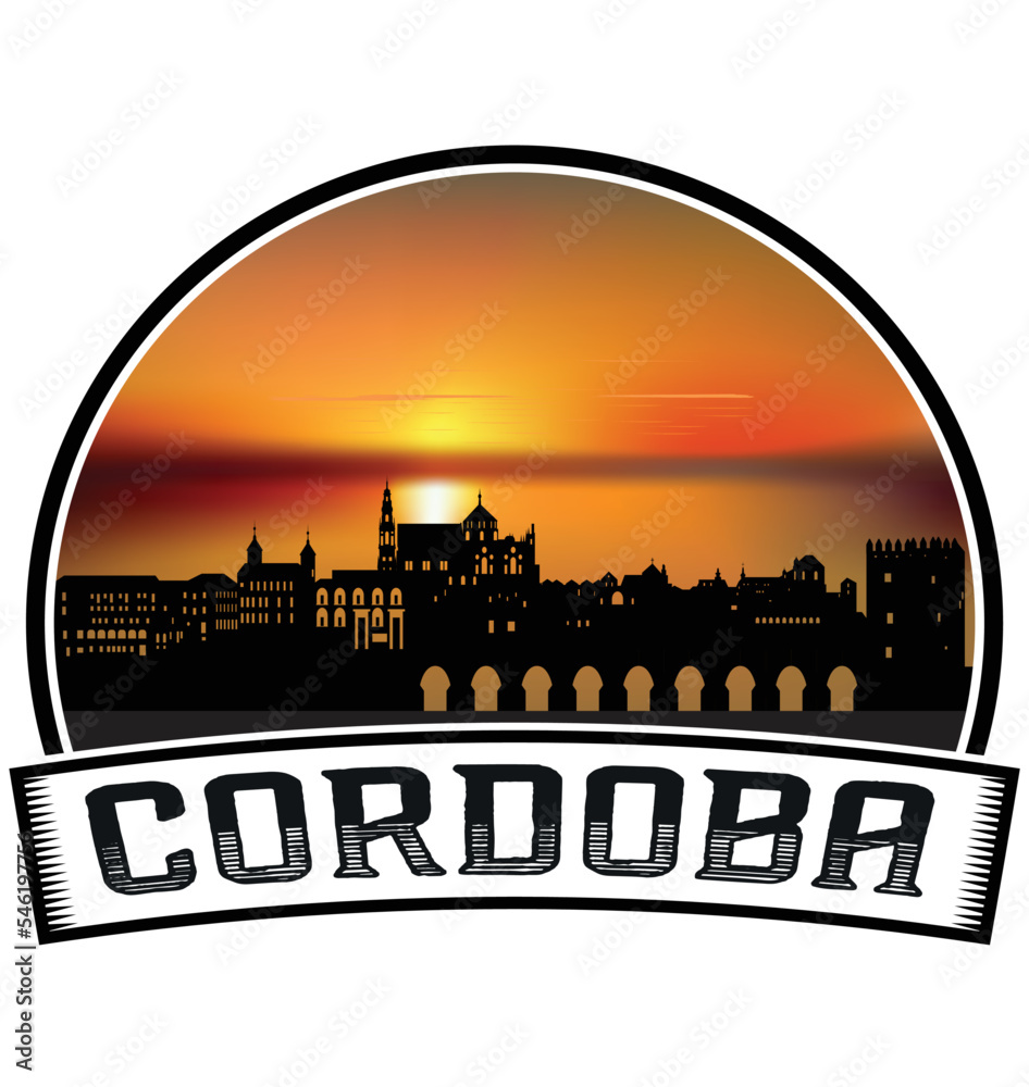 Cordoba Spain Skyline Sunset Travel Souvenir Sticker Logo Badge Stamp Emblem Coat of Arms Vector Illustration EPS