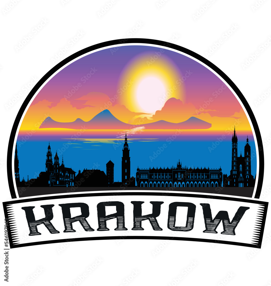 Krakow Poland Skyline Sunset Travel Souvenir Sticker Logo Badge Stamp Emblem Coat of Arms Vector Illustration EPS