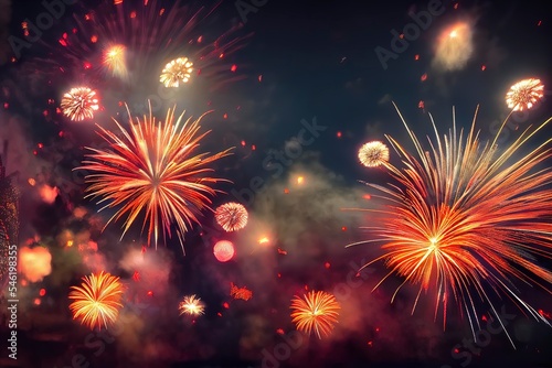 Abstract holiday celebration background. - Fireworks at New Year and copy space. Colorful firework wallpaper.