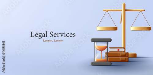 Realistic Justice golden 3d Scales with glass sand clock and books, Law Balance Symbol Isolated Icon Design Vector Illustration