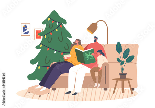 Happy Family Characters Parents and Kid Reading Stories at Christmas Eve. Happy Mom, Dad and Child Enjoying Fairy Tales