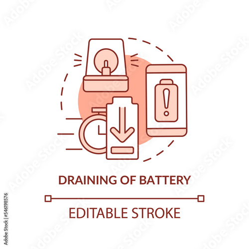 Draining of battery terracotta concept icon. Discharging phone reason abstract idea thin line illustration. Isolated outline drawing. Editable stroke. Arial, Myriad Pro-Bold fonts used