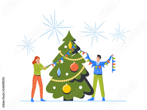 Christmas and New Year Holiday Celebration Concept. Happy People Decorate Tree Together Cartoon Vector Illustration