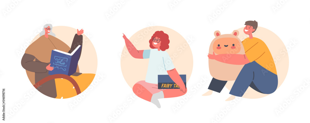 Grandmother Reading Book to Kids Isolated Round Icons or Avatars. Granny with Book Sitting on Chair Vector Illustration Grandmother Reading Book to Kids Isolated Round Icons or Avatars. Granny with Book Sitting on Chair Vector Illustration