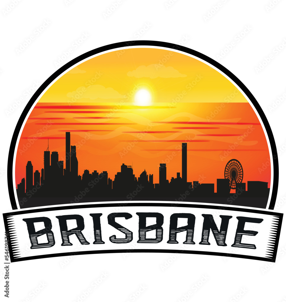 Brisbane Australia Skyline Sunset Travel Souvenir Sticker Logo Badge Stamp Emblem Coat of Arms Vector Illustration EPS