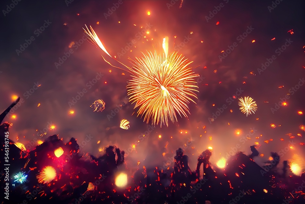 Obraz premium Abstract holiday celebration background. - Fireworks at New Year and copy space. Colorful firework wallpaper.