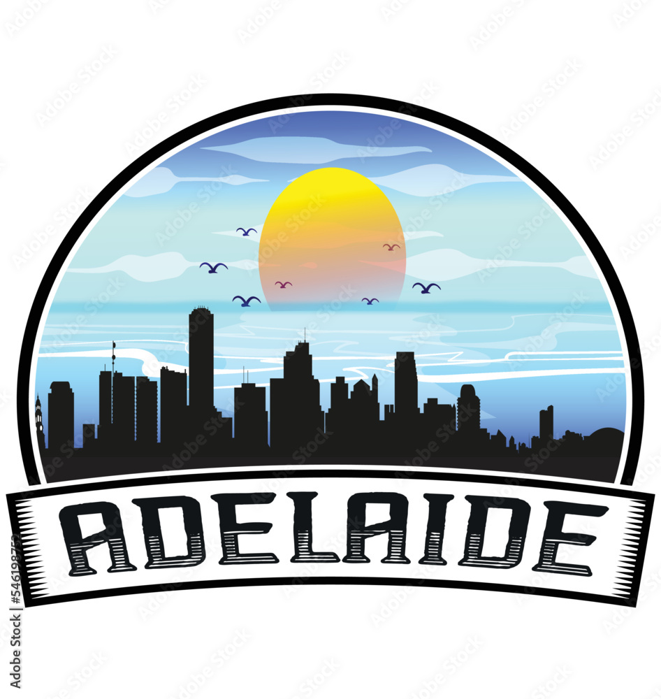 Adelaide Australia Skyline Sunset Travel Souvenir Sticker Logo Badge Stamp Emblem Coat of Arms Vector Illustration EPS