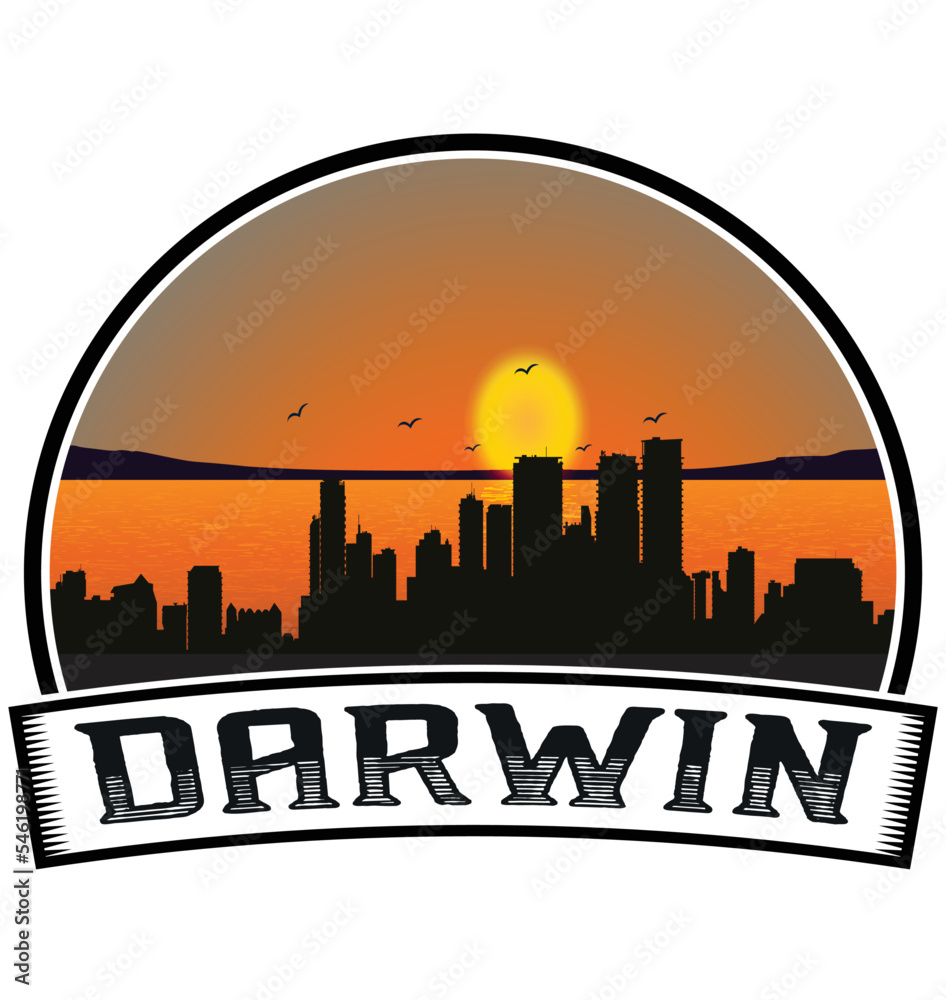 Darwin Australia Skyline Sunset Travel Souvenir Sticker Logo Badge Stamp Emblem Coat of Arms Vector Illustration EPS