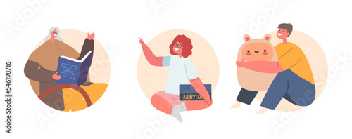 Grandmother Reading Book to Kids Isolated Round Icons or Avatars. Granny with Book Sitting on Chair Vector Illustration